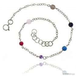 Sterling Silver Anklet Natural Stone Rose Quartz Garnet Amethyst Snowflake Obsidian Beads, adjustable 9 - 10 in -Style Sa27