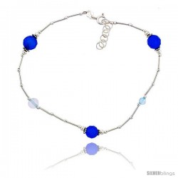 Sterling Silver Ankle Bracelet Anklet Natural Blue Faceted Beads Blue Topaz Beads, adjustable 9 - 10 in