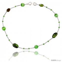 Sterling Silver Ankle Bracelet Anklet Natural Peridot Stone Nuggets Green Cateye Beads, adjustable 9 - 10 in