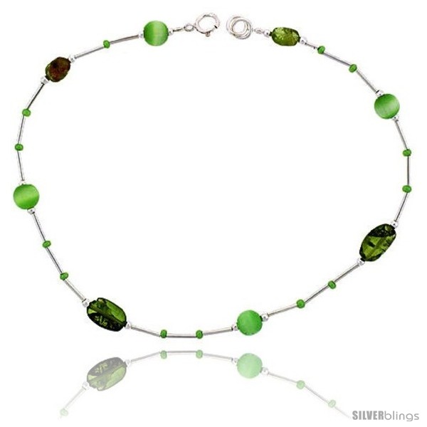 Sterling Silver Ankle Bracelet Anklet Natural Peridot Stone Nuggets Green  Cateye Beads, adjustable 9 - 10 in