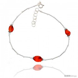 Sterling Silver Ankle Bracelet Anklet Natural Carnelian Stone Nugget Beads, adjustable 9 - 10 in