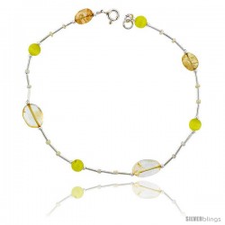 Sterling Silver Ankle Bracelet Anklet Natural Citrine Nuggets Lemon Cateye & Glass Seed Beads, adjustable 9 - 10 in