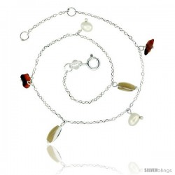 Sterling Silver Ankle Bracelet Anklet Natural Carnelian Nuggets Pearls mothr-of-pearls, adjustable 9 - 10 in