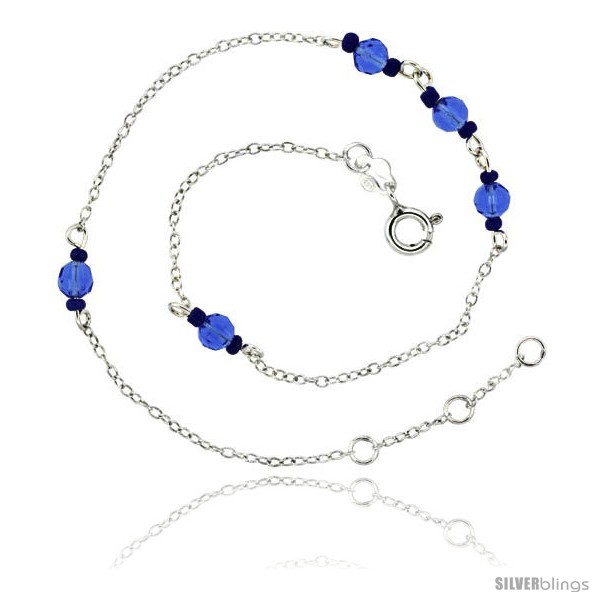 Sterling Silver Ankle Bracelet Anklet Natural Faceted Blue Stone Beads  Glass Seed Beads, adjustable 9 - 10 in