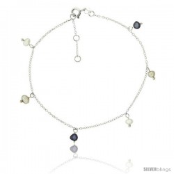 Sterling Silver Ankle Bracelet Anklet Cultured White and Black pearls, adjustable 9 - 10 in