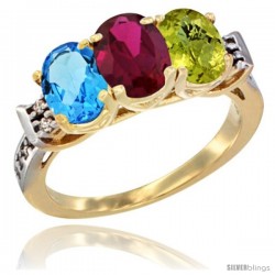 10K Yellow Gold Natural Swiss Blue Topaz, Ruby & Lemon Quartz Ring 3-Stone Oval 7x5 mm Diamond Accent