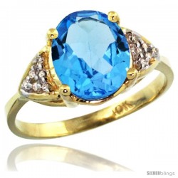 10k Yellow Gold Diamond Swiss Blue Topaz Ring 2.40 ct Oval 10x8 Stone 3/8 in wide