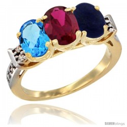 10K Yellow Gold Natural Swiss Blue Topaz, Ruby & Lapis Ring 3-Stone Oval 7x5 mm Diamond Accent