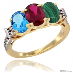 10K Yellow Gold Natural Swiss Blue Topaz, Ruby & Malachite Ring 3-Stone Oval 7x5 mm Diamond Accent