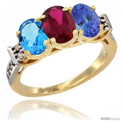 10K Yellow Gold Natural Swiss Blue Topaz, Ruby & Tanzanite Ring 3-Stone Oval 7x5 mm Diamond Accent