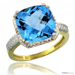 10k Yellow Gold Diamond Swiss Blue Topaz Ring 5.94 ct Checkerboard Cushion 11 mm Stone 1/2 in wide