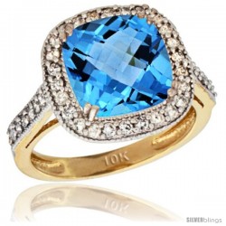 10k Yellow Gold Diamond Halo Swiss Blue Topaz Ring Checkerboard Cushion 9 mm 2.4 ct 1/2 in wide