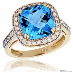 10k Yellow Gold Diamond Halo Swiss Blue Topaz Ring Cushion Shape 10 mm 4.5 ct 1/2 in wide