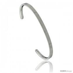 Stainless Steel Flat Cuff Bangle Bracelet CZ Stone Ends Matte finish Comfort-fit 3/16 in wide, 8 in