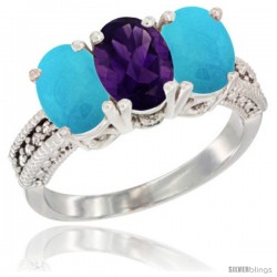 10K White Gold Natural Amethyst & Turquoise Ring 3-Stone Oval 7x5 mm Diamond Accent