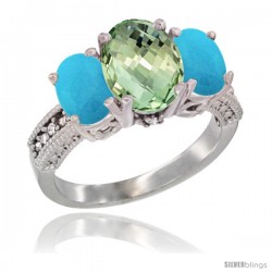 10K White Gold Ladies Natural Green Amethyst Oval 3 Stone Ring with Turquoise Sides Diamond Accent