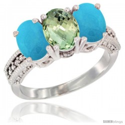 10K White Gold Natural Green Amethyst & Turquoise Ring 3-Stone Oval 7x5 mm Diamond Accent