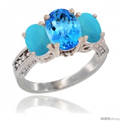 10K White Gold Ladies Natural Swiss Blue Topaz Oval 3 Stone Ring with Turquoise Sides Diamond Accent