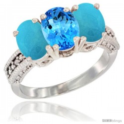 10K White Gold Natural Swiss Blue Topaz & Turquoise Ring 3-Stone Oval 7x5 mm Diamond Accent