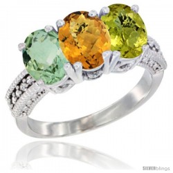 14K White Gold Natural Green Amethyst, Whisky Quartz & Lemon Quartz Ring 3-Stone 7x5 mm Oval Diamond Accent