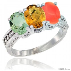 14K White Gold Natural Green Amethyst, Whisky Quartz & Coral Ring 3-Stone 7x5 mm Oval Diamond Accent