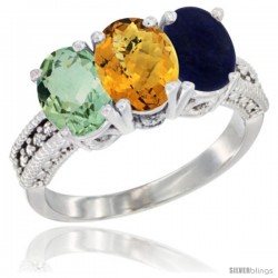 14K White Gold Natural Green Amethyst, Whisky Quartz & Lapis Ring 3-Stone 7x5 mm Oval Diamond Accent