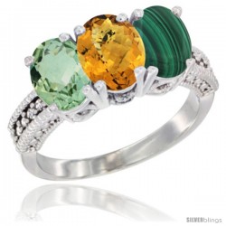 14K White Gold Natural Green Amethyst, Whisky Quartz & Malachite Ring 3-Stone 7x5 mm Oval Diamond Accent