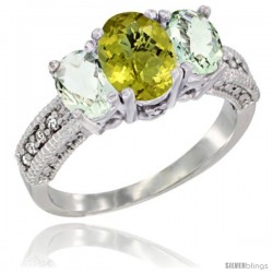 14k White Gold Ladies Oval Natural Lemon Quartz 3-Stone Ring with Green Amethyst Sides Diamond Accent