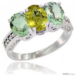 14K White Gold Natural Lemon Quartz & Green Amethyst Sides Ring 3-Stone 7x5 mm Oval Diamond Accent