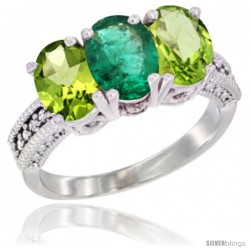 14K White Gold Natural Emerald & Peridot Sides Ring 3-Stone Oval 7x5 mm Diamond Accent