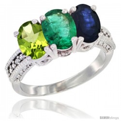 14K White Gold Natural Peridot, Emerald & Blue Sapphire Ring 3-Stone Oval 7x5 mm Diamond Accent