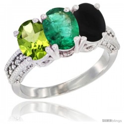 14K White Gold Natural Peridot, Emerald & Black Onyx Ring 3-Stone Oval 7x5 mm Diamond Accent