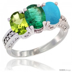 14K White Gold Natural Peridot, Emerald & Turquoise Ring 3-Stone Oval 7x5 mm Diamond Accent