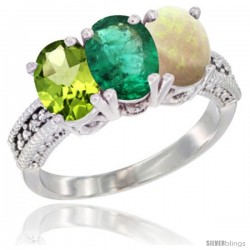 14K White Gold Natural Peridot, Emerald & Opal Ring 3-Stone Oval 7x5 mm Diamond Accent