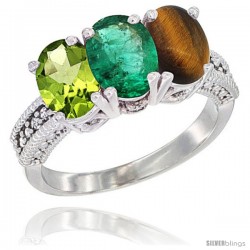 14K White Gold Natural Peridot, Emerald & Tiger Eye Ring 3-Stone Oval 7x5 mm Diamond Accent