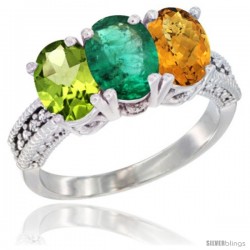 14K White Gold Natural Peridot, Emerald & Whisky Quartz Ring 3-Stone Oval 7x5 mm Diamond Accent