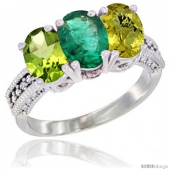 14K White Gold Natural Peridot, Emerald & Lemon Quartz Ring 3-Stone Oval 7x5 mm Diamond Accent