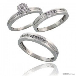 10k White Gold Diamond Trio Engagement Wedding Ring 3-piece Set for Him & Her 4 mm & 3.5 mm wide 0.13 cttw B -Style 10w019w3