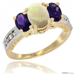 14k Yellow Gold Ladies Oval Natural Opal 3-Stone Ring with Amethyst Sides Diamond Accent