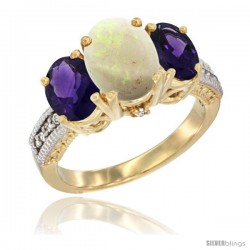 14K Yellow Gold Ladies 3-Stone Oval Natural Opal Ring with Amethyst Sides Diamond Accent