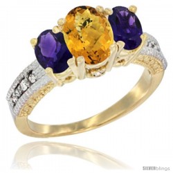 14k Yellow Gold Ladies Oval Natural Whisky Quartz 3-Stone Ring with Amethyst Sides Diamond Accent