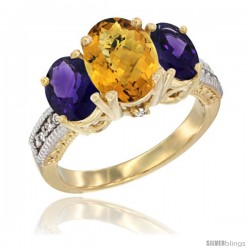 14K Yellow Gold Ladies 3-Stone Oval Natural Whisky Quartz Ring with Amethyst Sides Diamond Accent