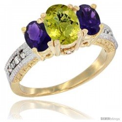 14k Yellow Gold Ladies Oval Natural Lemon Quartz 3-Stone Ring with Amethyst Sides Diamond Accent