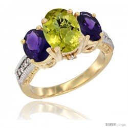 14K Yellow Gold Ladies 3-Stone Oval Natural Lemon Quartz Ring with Amethyst Sides Diamond Accent