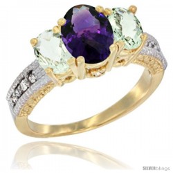 14k Yellow Gold Ladies Oval Natural Amethyst 3-Stone Ring with Green Amethyst Sides Diamond Accent