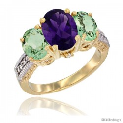 14K Yellow Gold Ladies 3-Stone Oval Natural Amethyst Ring with Green Amethyst Sides Diamond Accent