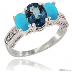 10K White Gold Ladies Oval Natural London Blue Topaz 3-Stone Ring with Turquoise Sides Diamond Accent