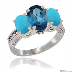 10K White Gold Ladies Natural London Blue Topaz Oval 3 Stone Ring with Turquoise Sides Diamond Accent