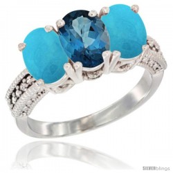 10K White Gold Natural London Blue Topaz & Turquoise Ring 3-Stone Oval 7x5 mm Diamond Accent