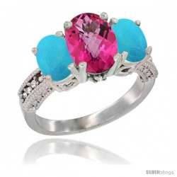 10K White Gold Ladies Natural Pink Topaz Oval 3 Stone Ring with Turquoise Sides Diamond Accent